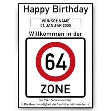 Laden Sie das Bild in den Galerie-Viewer, 64. Geburtstag Geschenk personalisiert Verkehrszeichen Deko Geburtstagsgeschenk Happy Birthday Geburtstagskarte
