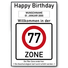 Laden Sie das Bild in den Galerie-Viewer, 77. Geburtstag Geschenk personalisiert Verkehrszeichen Deko Geburtstagsgeschenk Happy Birthday Geburtstagskarte
