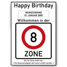 Laden Sie das Bild in den Galerie-Viewer, 8. Geburtstag Geschenk personalisiert Verkehrszeichen Deko Geburtstagsgeschenk Happy Birthday Geburtstagskarte
