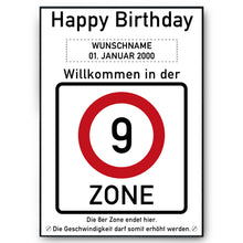 Laden Sie das Bild in den Galerie-Viewer, 9. Geburtstag Geschenk personalisiert Verkehrszeichen Deko Geburtstagsgeschenk Happy Birthday Geburtstagskarte
