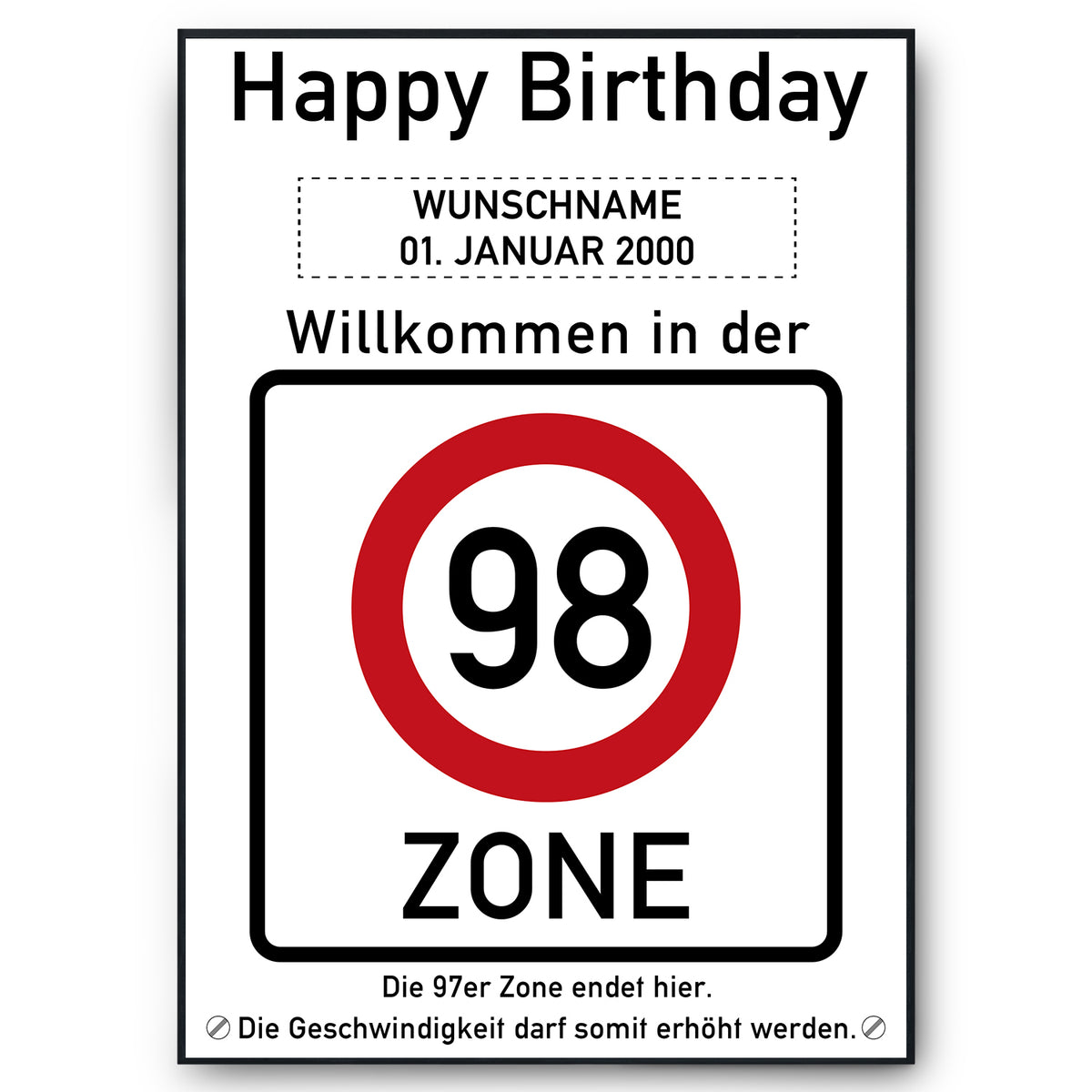 98. Geburtstag Geschenk personalisiert Verkehrszeichen Deko Geburtstagsgeschenk Happy Birthday Geburtstagskarte