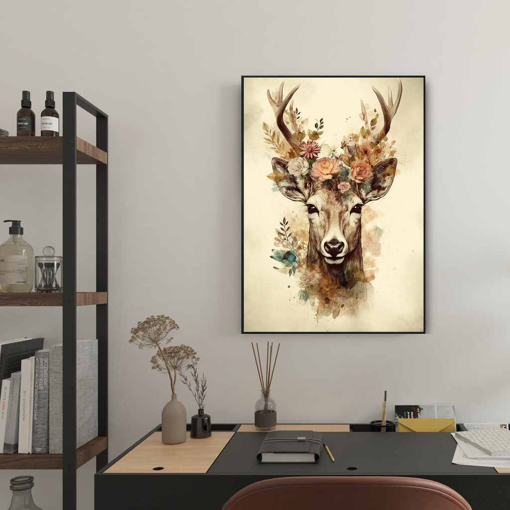 Hirsch Wandbild Blumen Kunstdruck Natur Wanddeko Hirsch Wandposter Wohnzimmer Schlafzimmer