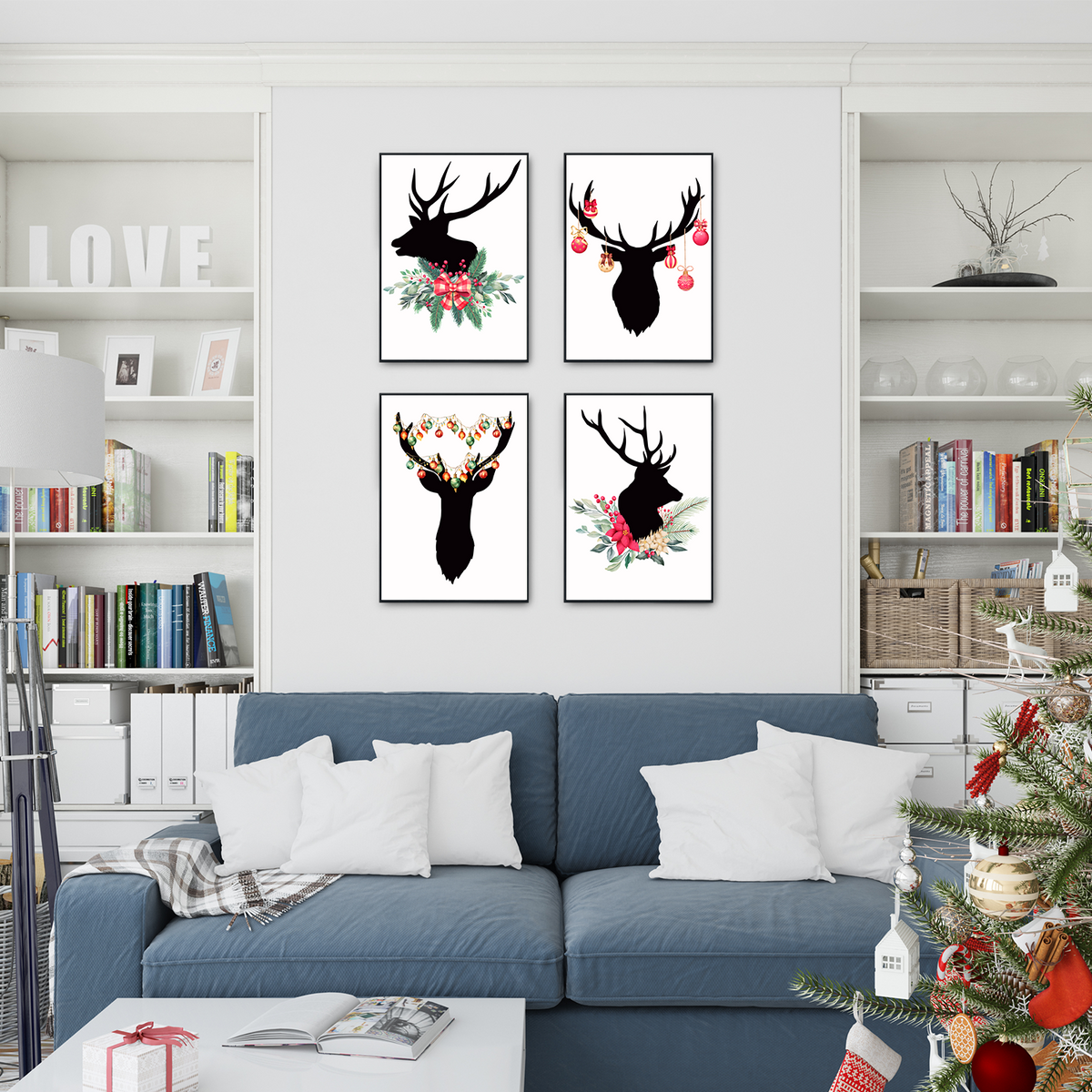 Rentiere Weihnachten DIN A4 Weihnachtsbilder Weihnachtsposter Weihnachtsdeko Wandbilder 4er Set
