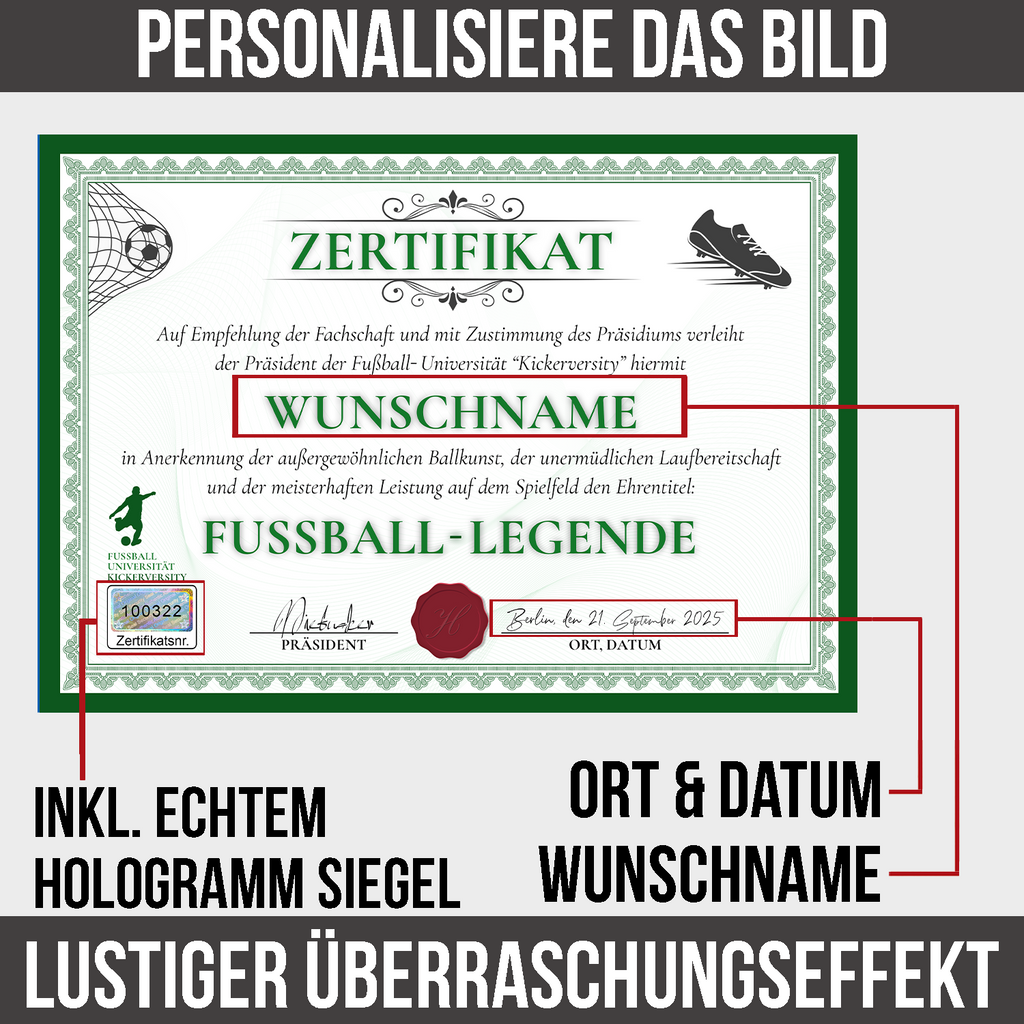 Fußball Urkunde personalisiert – Lustiges Geschenk für Fußballspieler Fußballer Geschenkidee Auszeichnung Turnier Fußball Deko