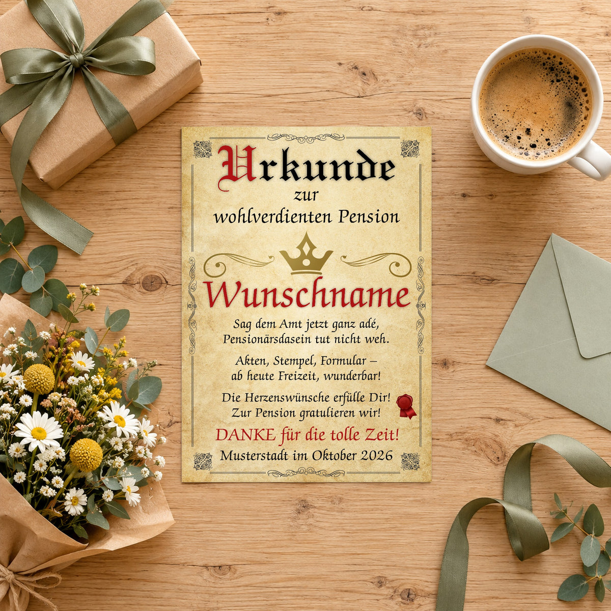 Pension Urkunde ohne Rahmen auf dem Geschenktisch mit Blumen und Kaffee