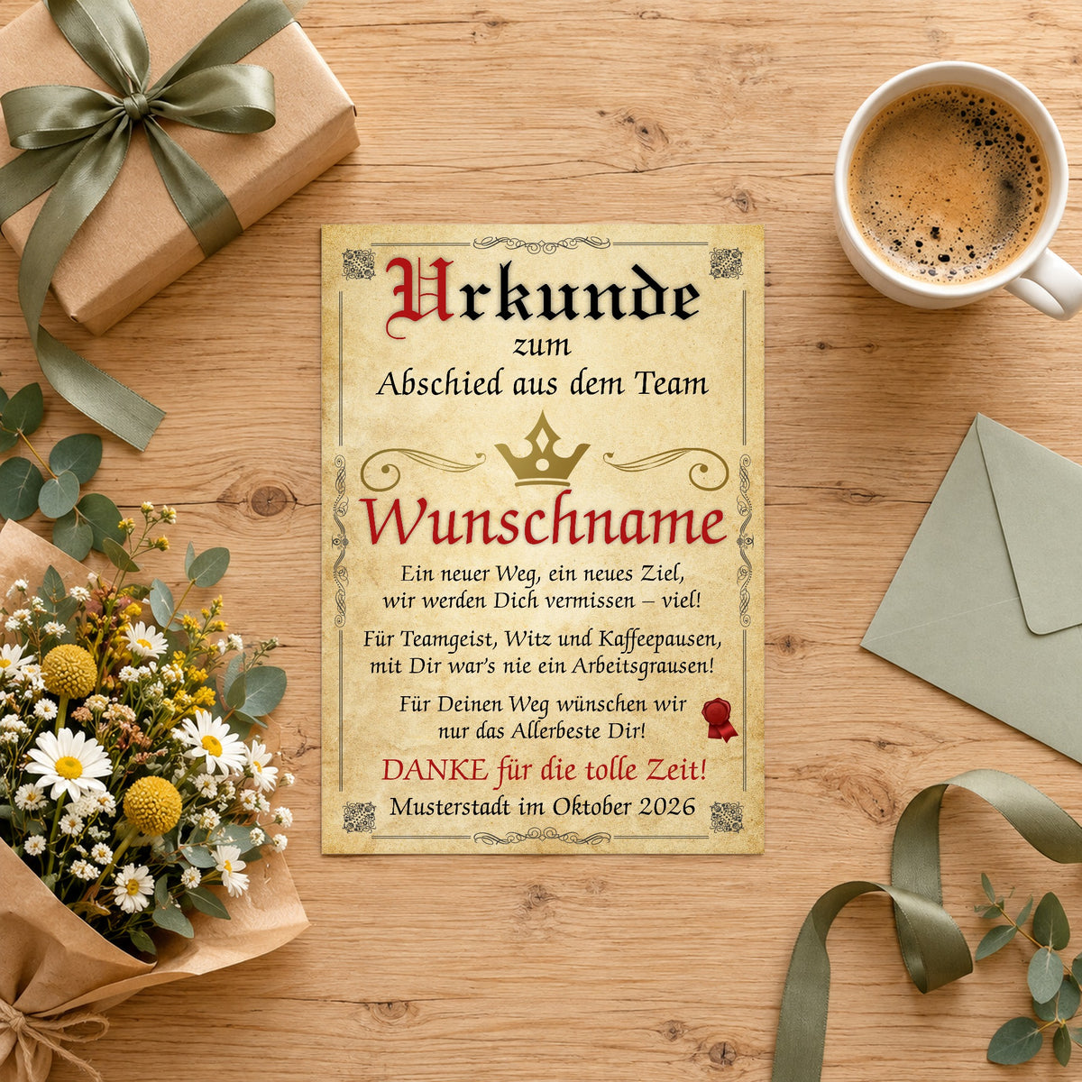 Abschied Urkunde Kollegen ohne Rahmen auf dem Geschenktisch mit Blumen und Kaffee