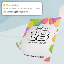 Laden Sie das Bild in den Galerie-Viewer, Geldgeschenk zum 18. Geburtstag Jungen &amp; Mädchen | Deine erste Million | Lustiges Geburtstagsgeschenk Witzige Geschenkidee Geld kreativ verschenken Sohn Tochter 18 Jahre Geschenk
