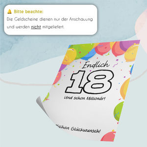 Geldgeschenk zum 18. Geburtstag Jungen & Mädchen | Deine erste Million | Lustiges Geburtstagsgeschenk Witzige Geschenkidee Geld kreativ verschenken Sohn Tochter 18 Jahre Geschenk