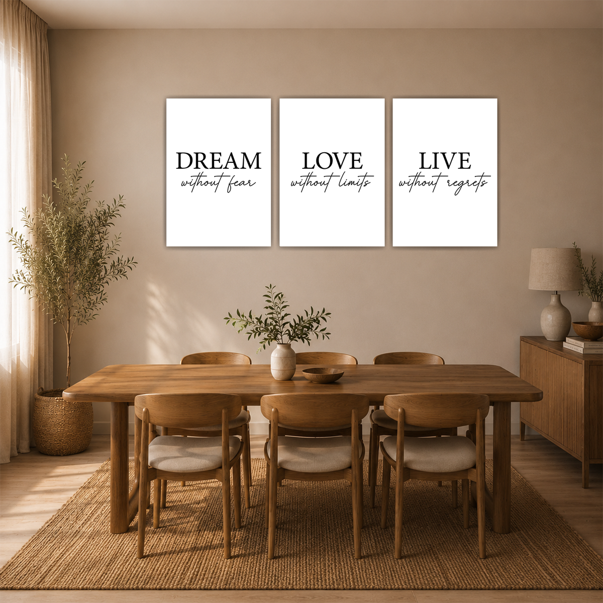 Dream Love Live Poster 3er Set Typografie Schwarz Weiß Wandbilder