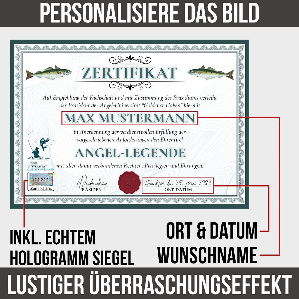Lustiges Angler Geschenk personalisiert Geburtstag Poster Zertifikat Angler Geschenkidee