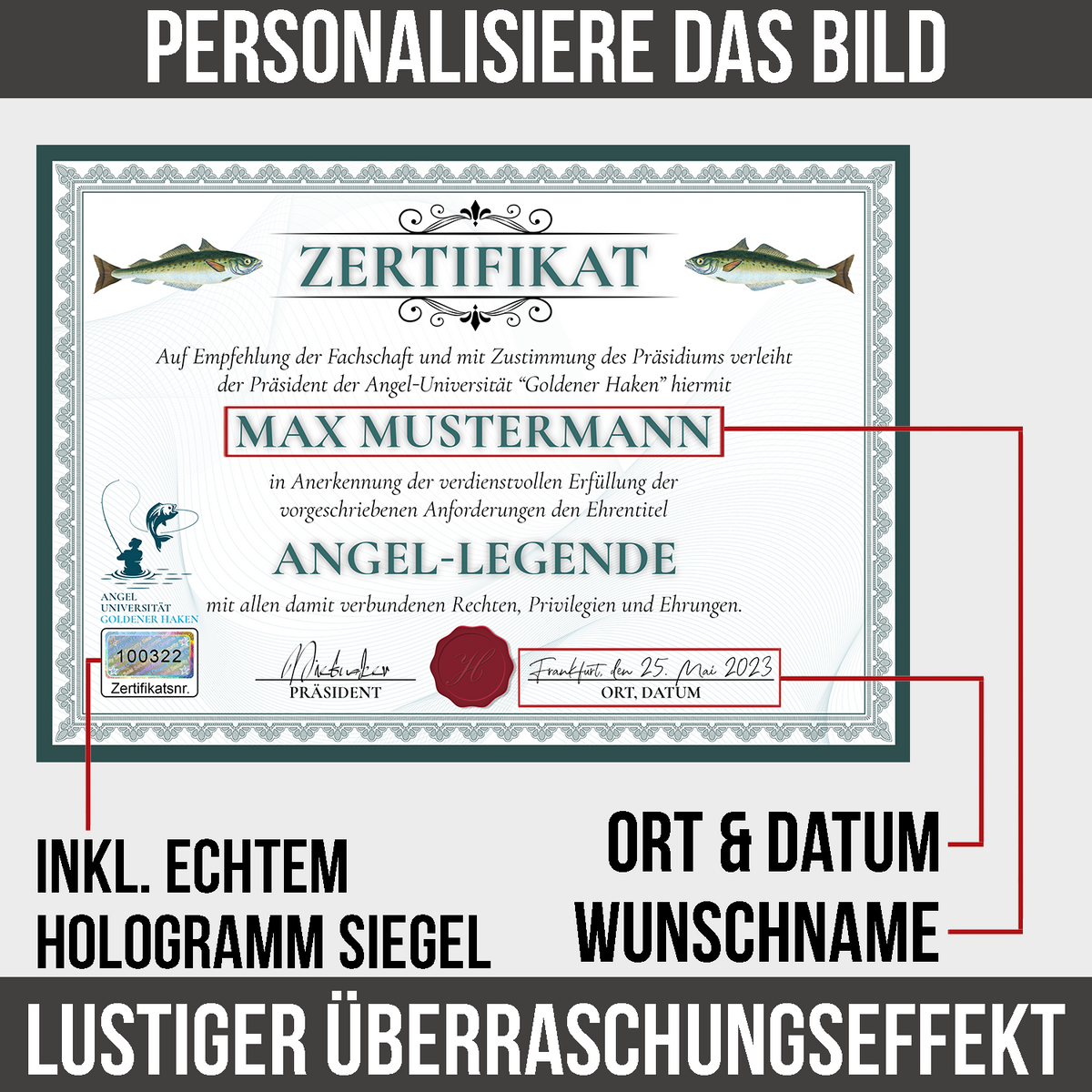Lustiges Angler Geschenk personalisiert Geburtstag Poster Zertifikat Angler Geschenkidee