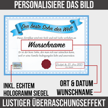 Laden Sie das Bild in den Galerie-Viewer, Bester Sohn Geschenk personalisiert Geburtstag Poster Zertifikat Urkunde Sohn personalisierte Geschenkidee
