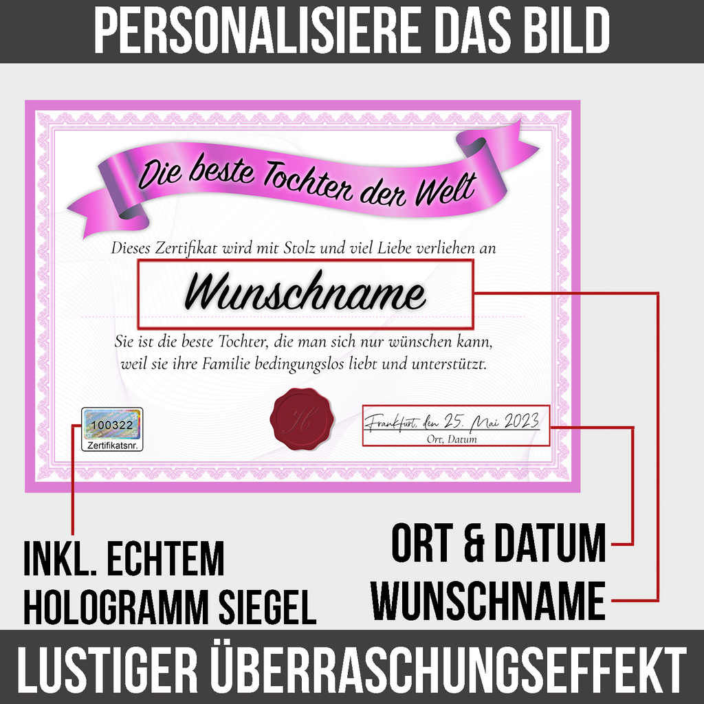 Beste Tochter Geschenk personalisiert Geburtstag Poster Zertifikat Urkunde Tochter personalisierte Geschenkidee