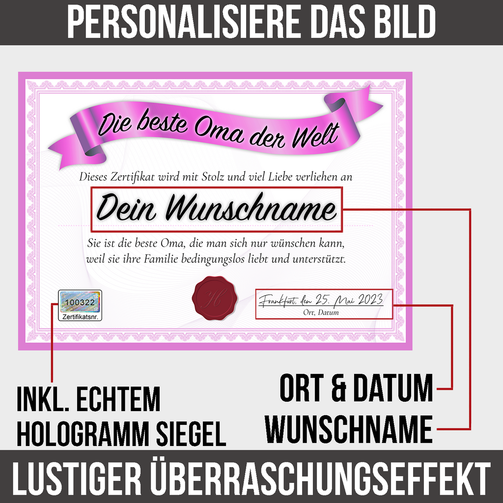Beste Oma Geschenk personalisiert Geburtstag Poster Zertifikat Urkunde Großmutter personalisierte Geschenkidee Muttertag
