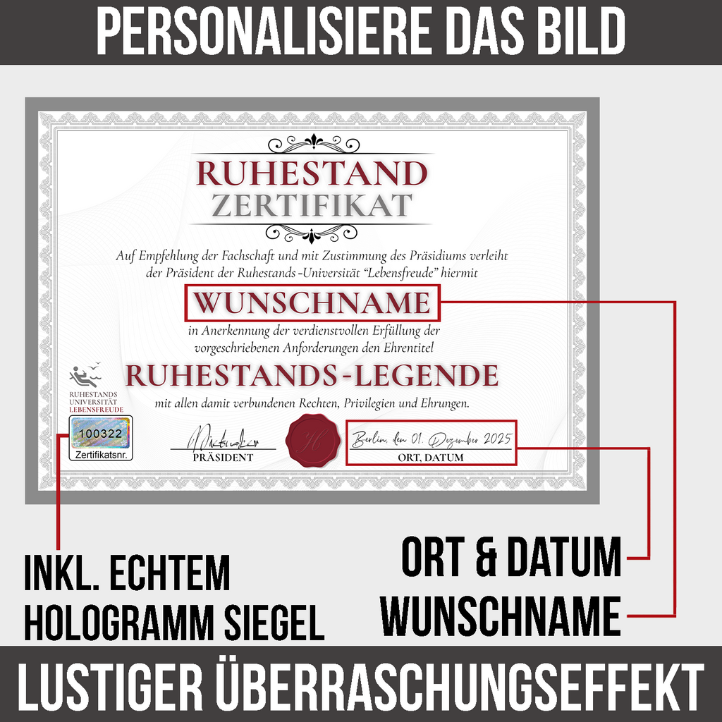 Ruhestand Zertifikat personalisiert Rente Abschiedsgeschenk Kollegen personalisierte Geschenkidee zum Ruhestand Urkunde