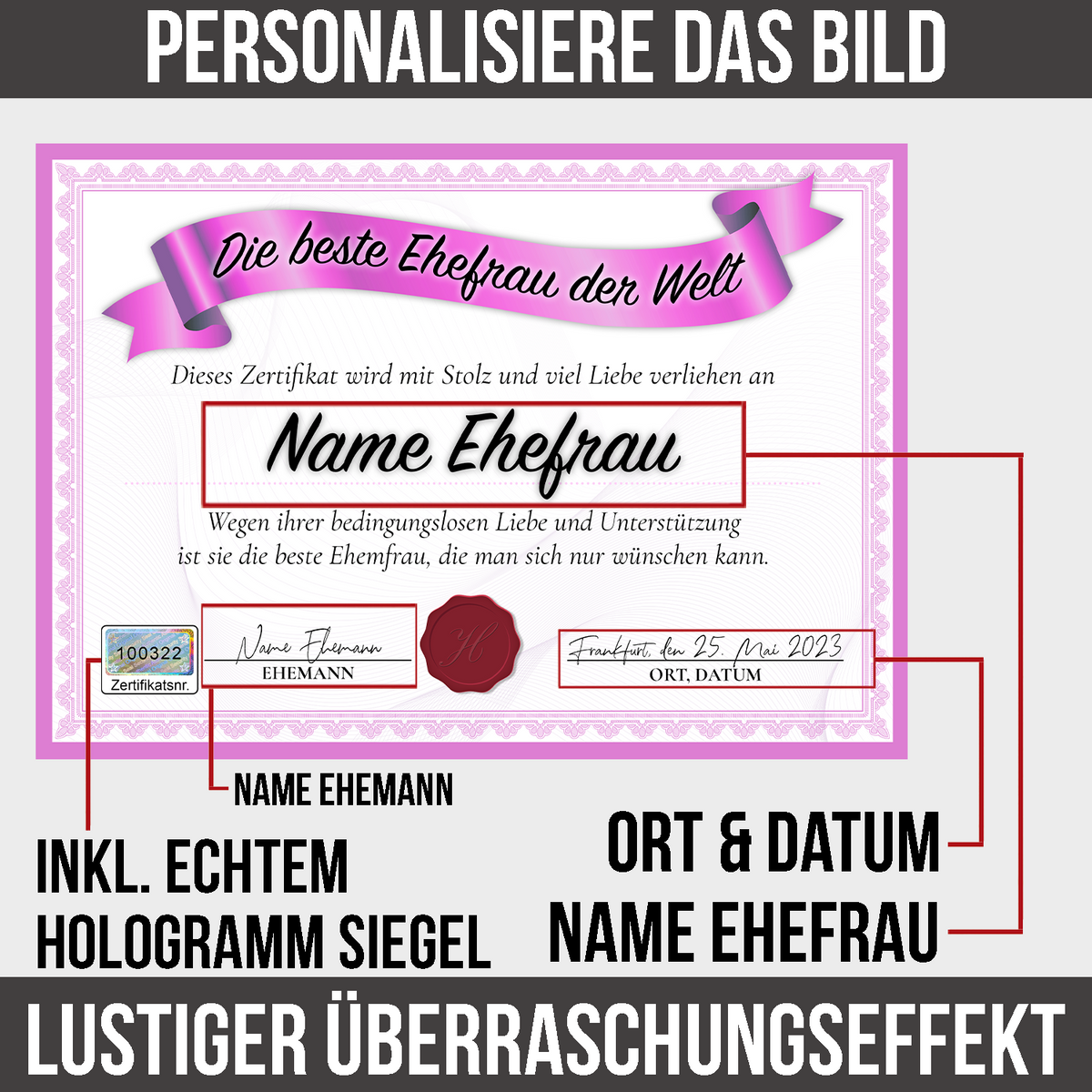 Beste Ehefrau Geschenk personalisiert Geburtstag Poster Zertifikat Urkunde Ehefrau personalisierte Geschenkidee Valentinstag Weihnachten
