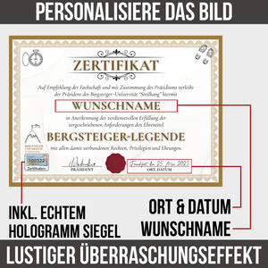Lustiges Bergsteiger Geschenk personalisiert Geburtstag Poster Zertifikat Bergsteigen Geschenkidee für Bergsteiger