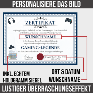 Lustiges Gamer Geschenk personalisiert Geburtstag Zocker Poster Zertifikat Gaming Geschenkidee für Zocker