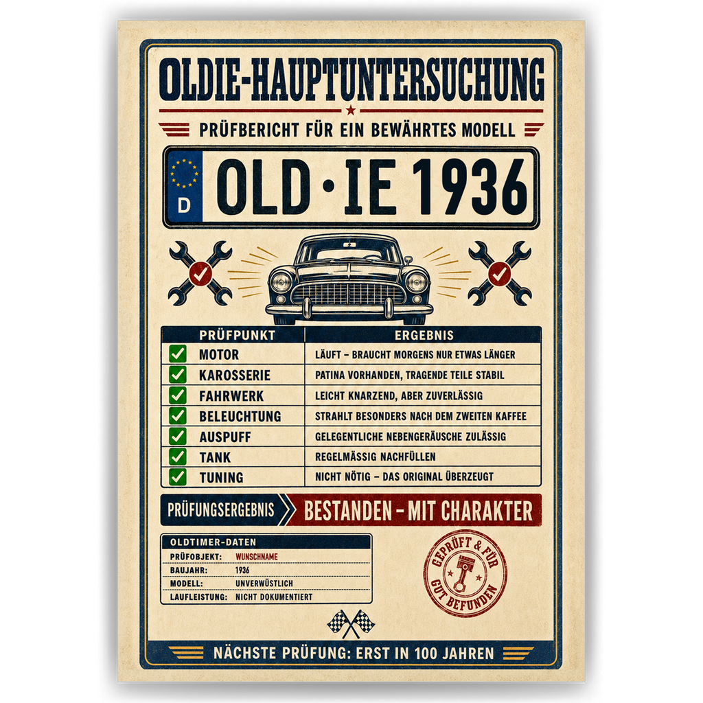 Oldie-Hauptuntersuchung 1936 als Poster ohne Bilderrahmen