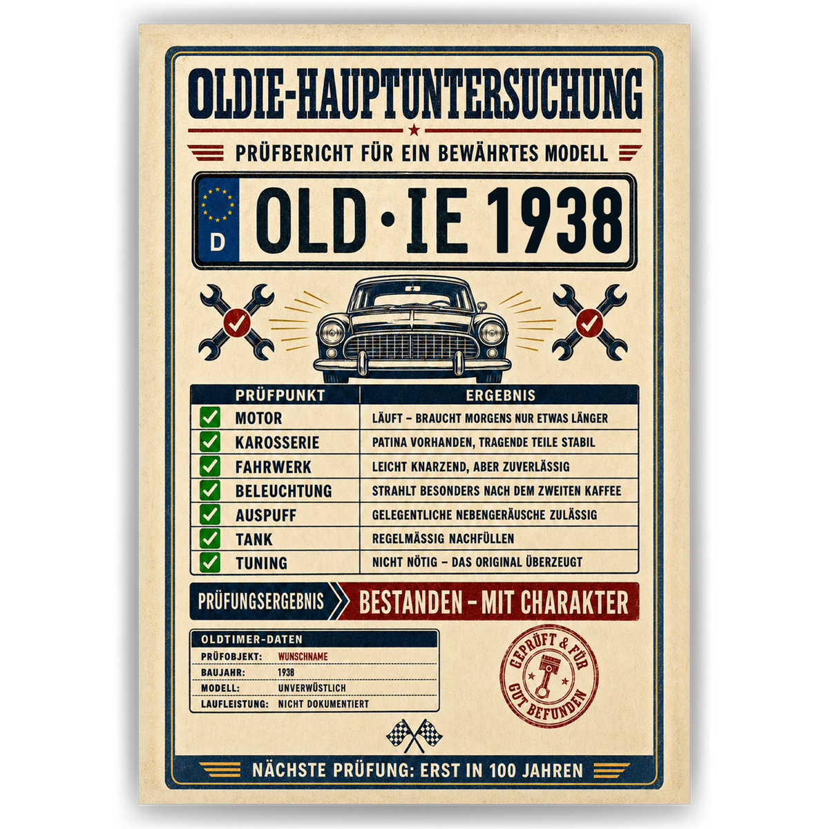 Oldie-Hauptuntersuchung 1938 als Poster ohne Bilderrahmen