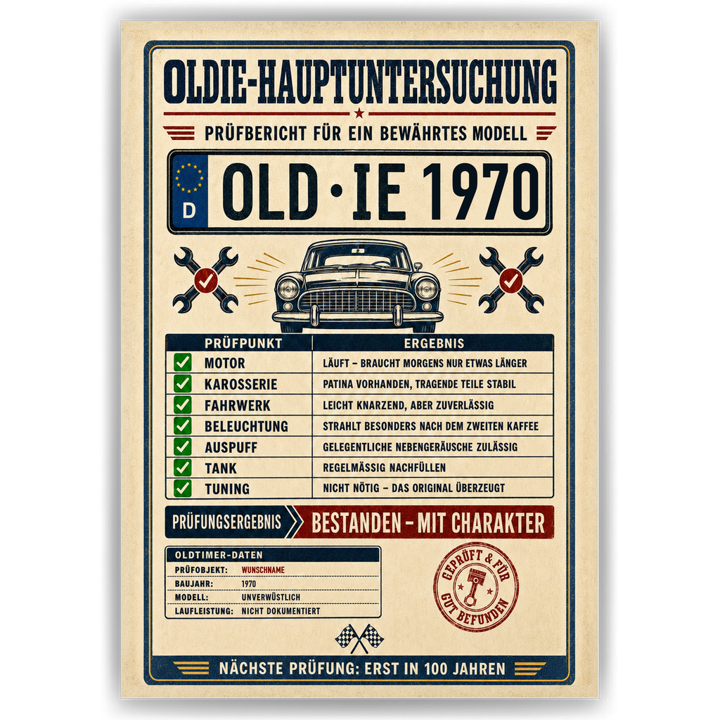 Oldie-Hauptuntersuchung 1970 als Poster ohne Bilderrahmen