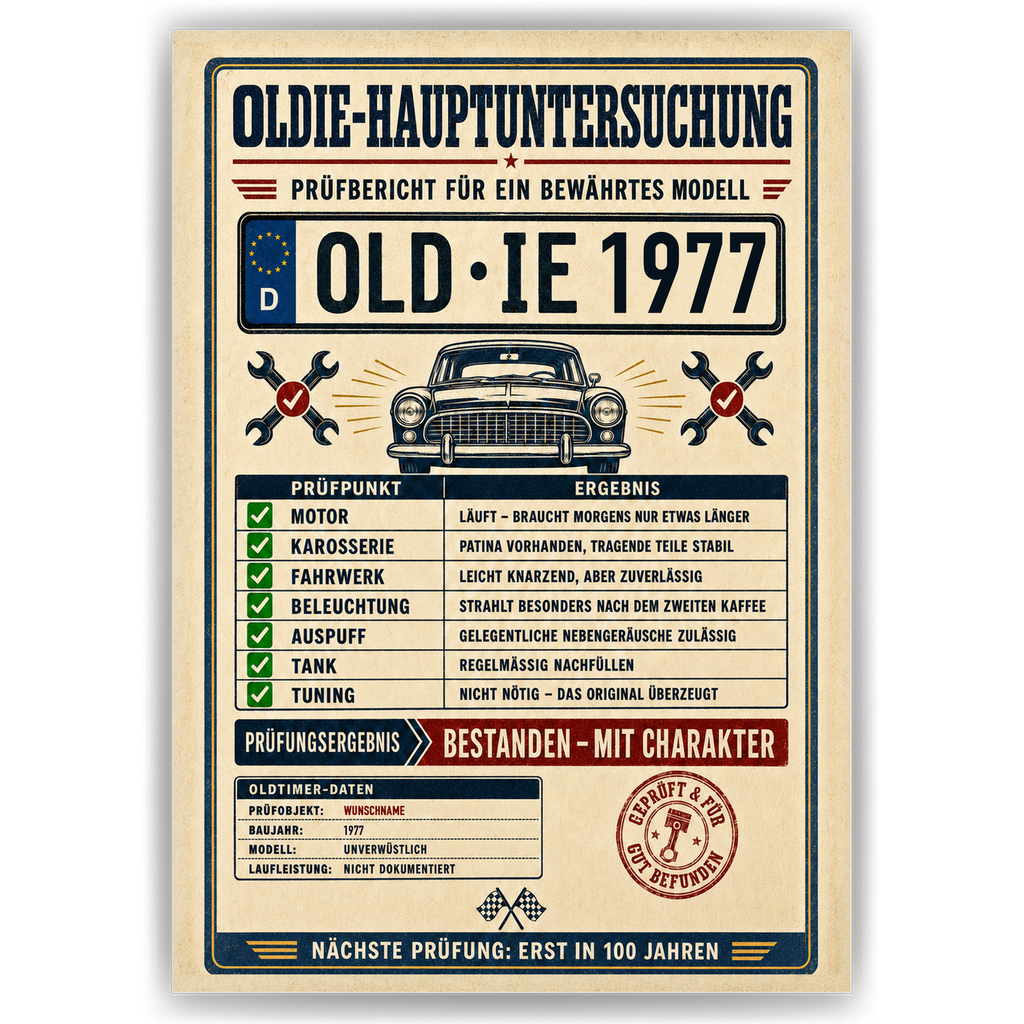 Oldie-Hauptuntersuchung 1977 als Poster ohne Bilderrahmen