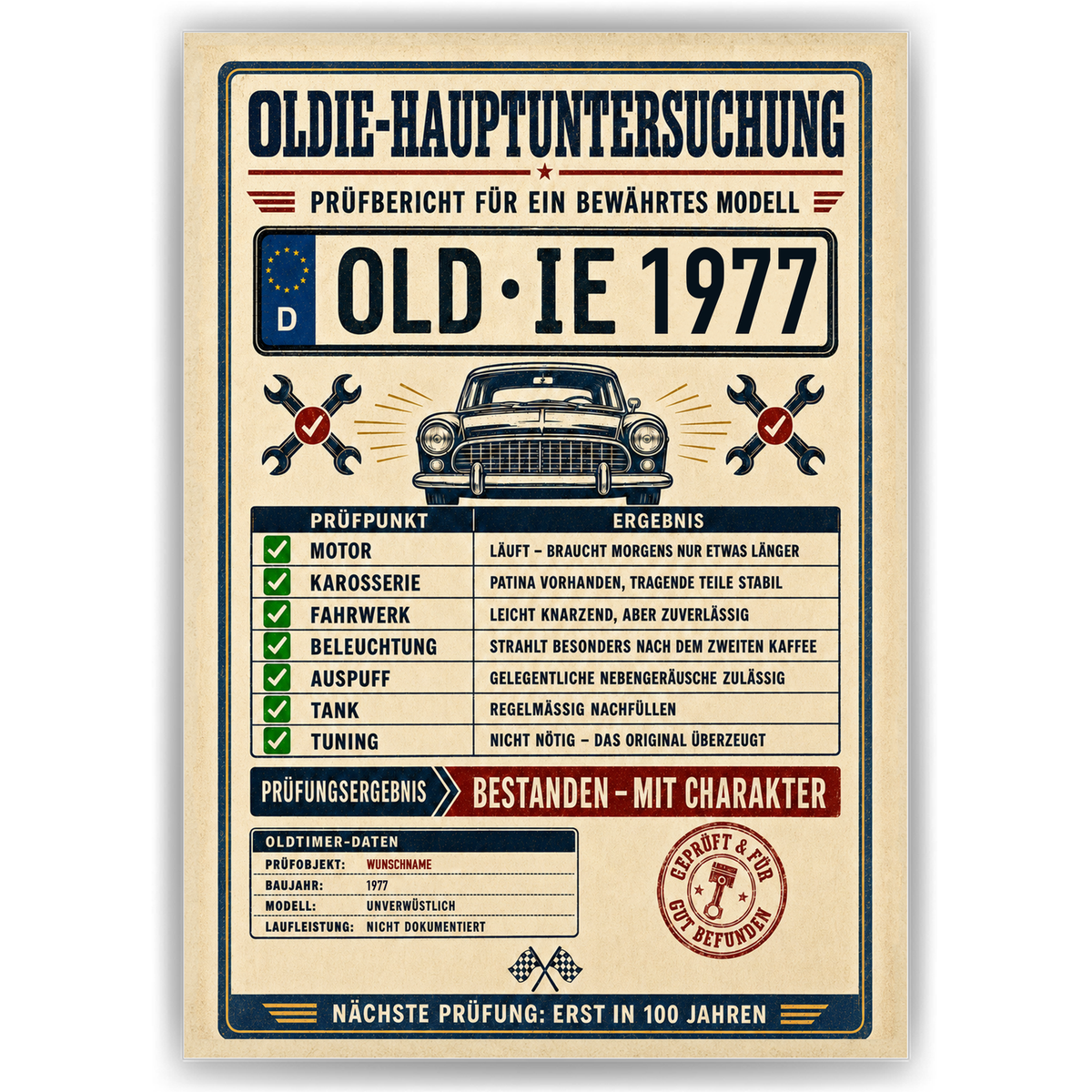 Oldie-Hauptuntersuchung 1977 als Poster ohne Bilderrahmen