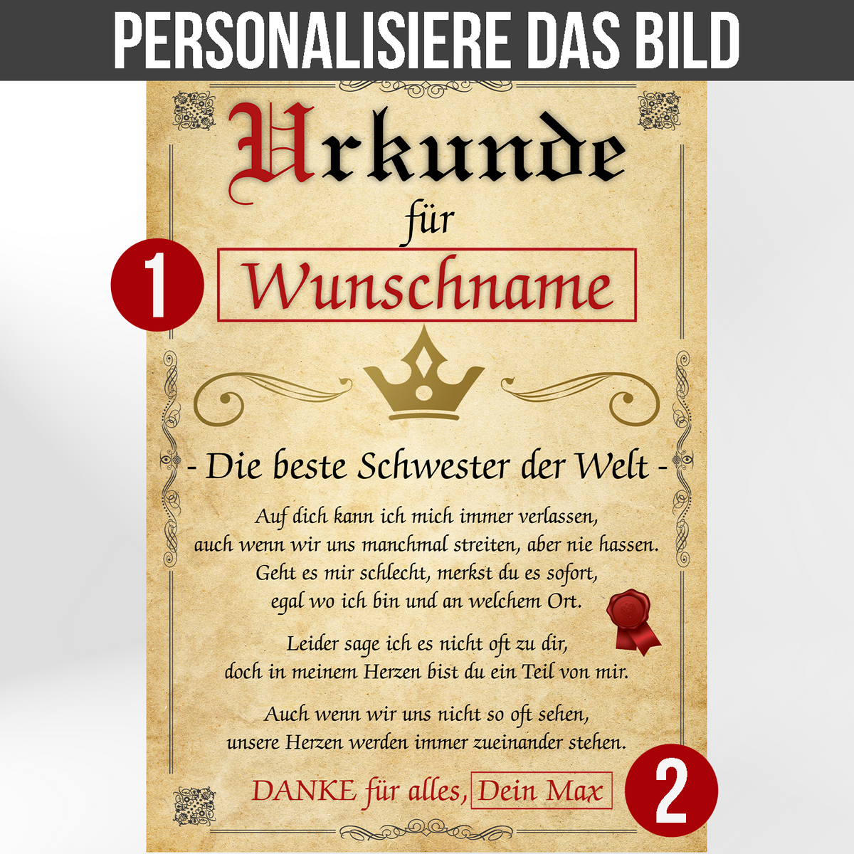 Beste Schwester Urkunde personalisiert Schwester persönliches Geschenk personalisierte Geschenkidee Schwester Geburtstag