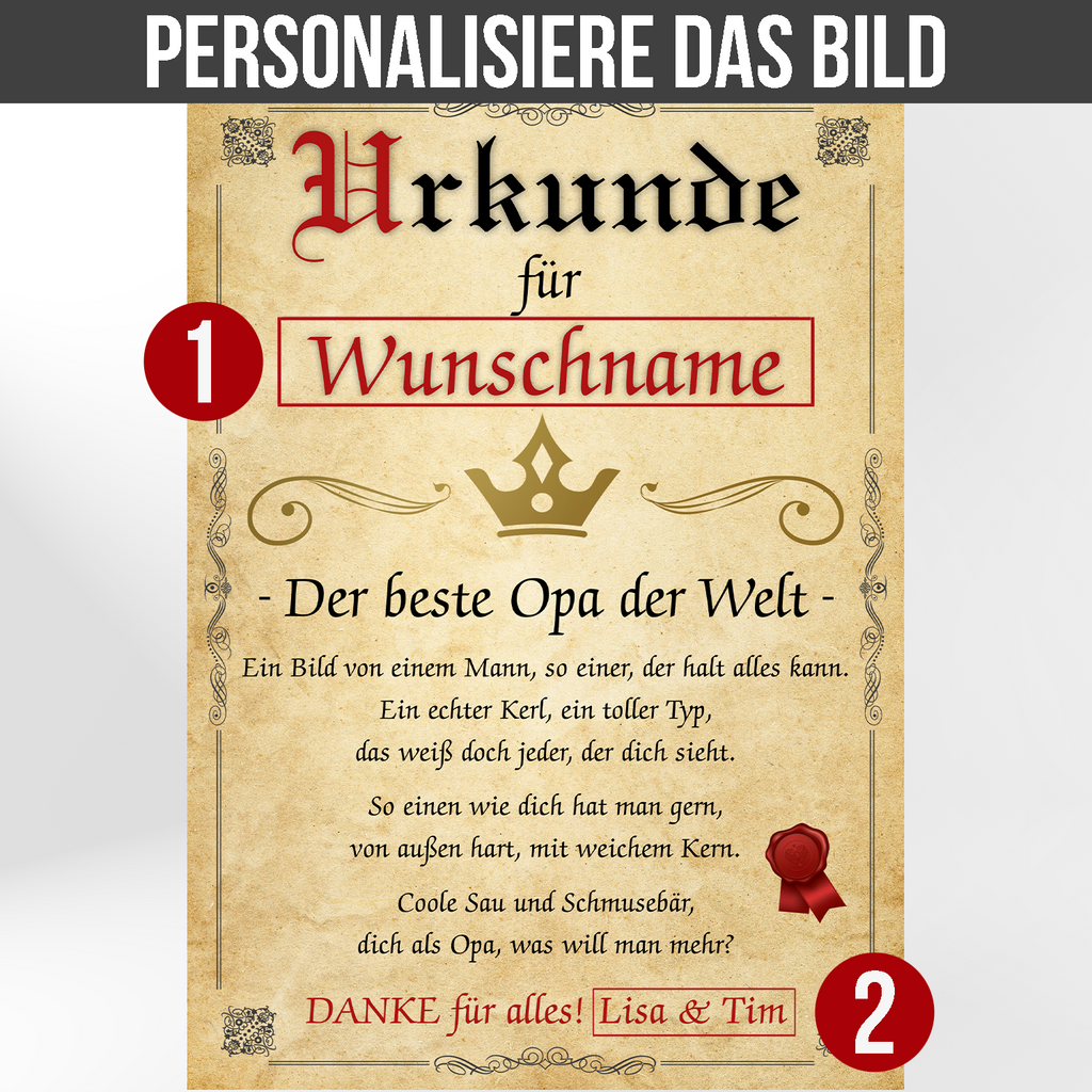 Bester Opa Urkunde personalisiert Opa persönliches Geschenk personalisierte Geschenkidee Opa Geburtstag