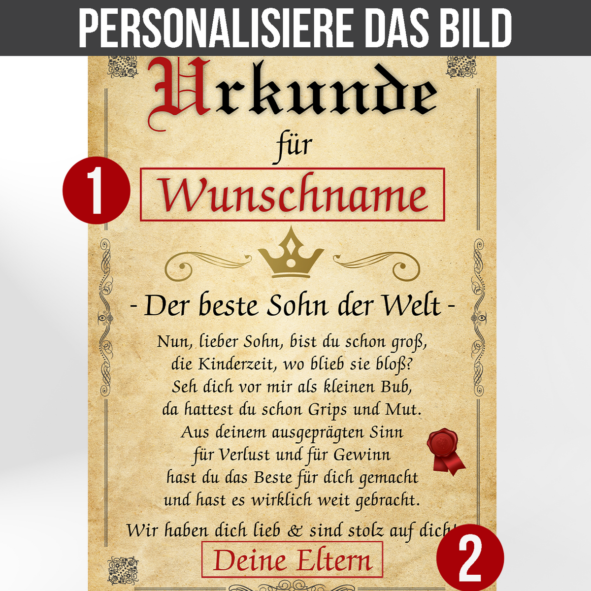 Bester Sohn Urkunde personalisiert persönliches Eltern Sohn Geschenk personalisierte Geschenkidee Sohn Geburtstag