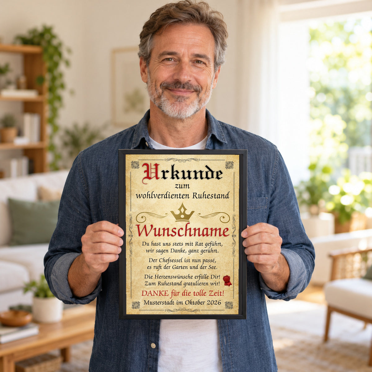 Ruhestand Urkunde Chef im schwarzen Rahmen, gehalten von einem Mann