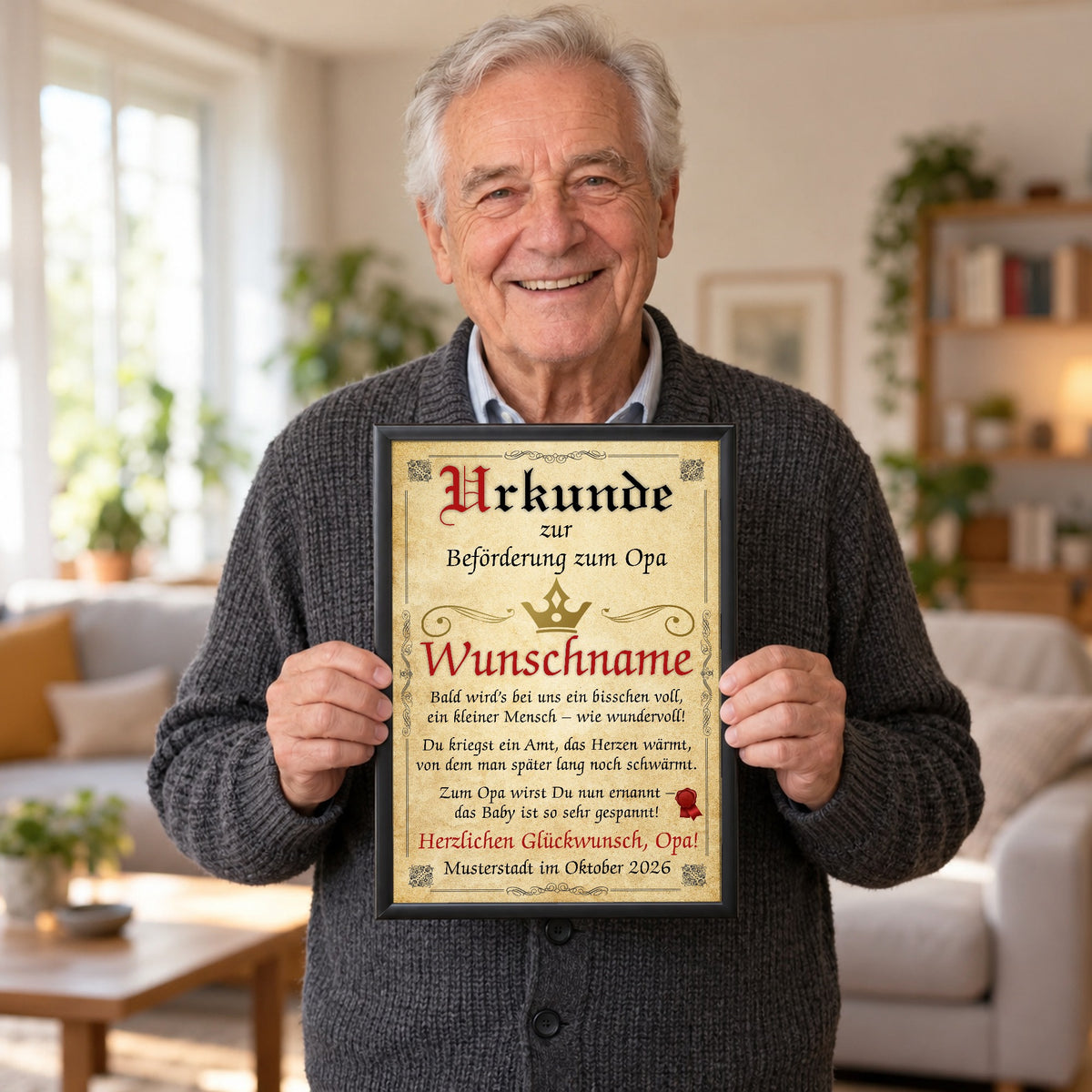 Urkunde Beförderung zum Opa im schwarzen Rahmen, gehalten von einem Opa