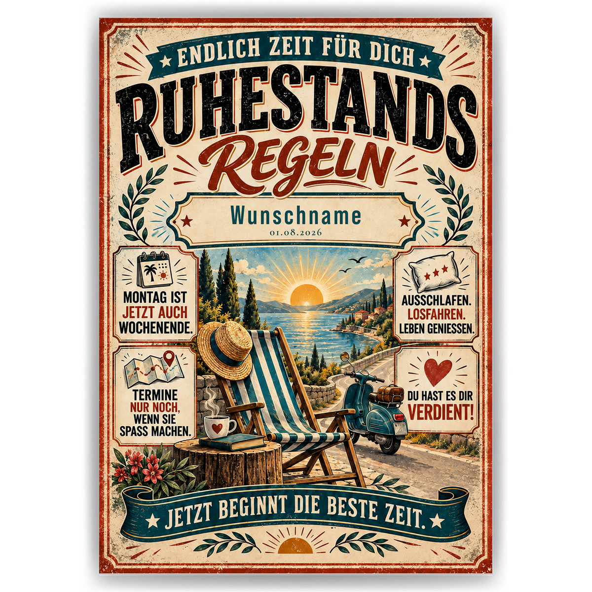 Personalisiertes Ruhestandsposter ohne Rahmen mit Wunschname und Datum