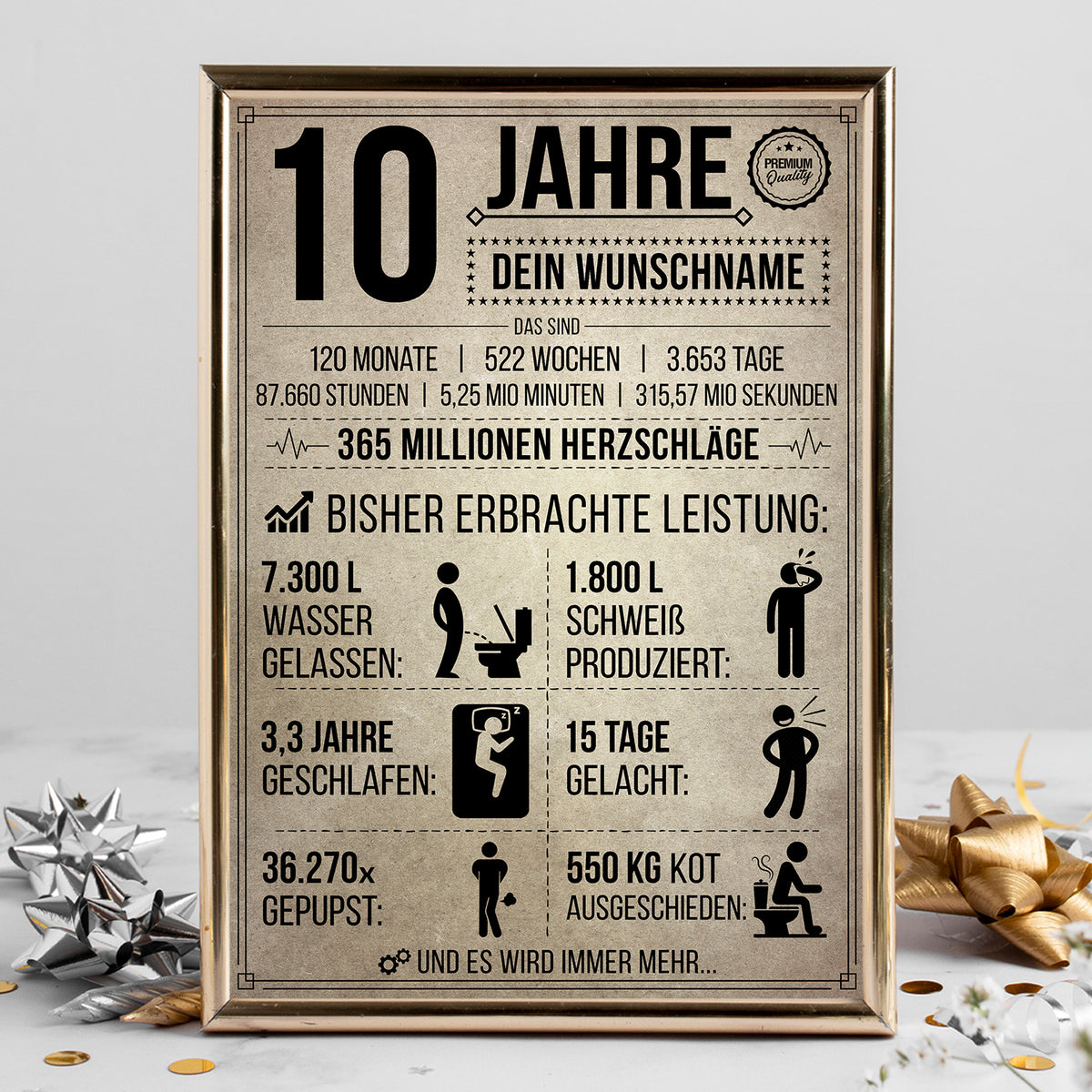 10 Jahre in Zahlen – lustiges Statistik Poster zum 10. Geburtstag, personalisiert mit Name