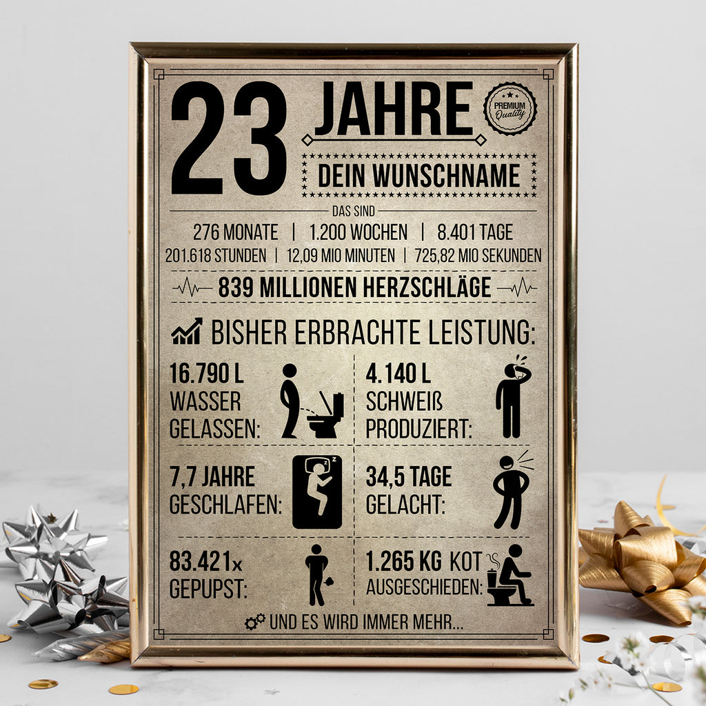 23 Jahre in Zahlen – lustiges Statistik Poster zum 23. Geburtstag, personalisiert mit Name