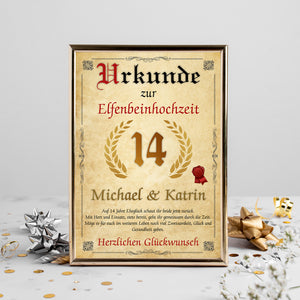 Personalisierte Urkunde zum 14. Hochzeitstag Geschenk Elfenbeinhochzeit Karte 14. Jahrestag