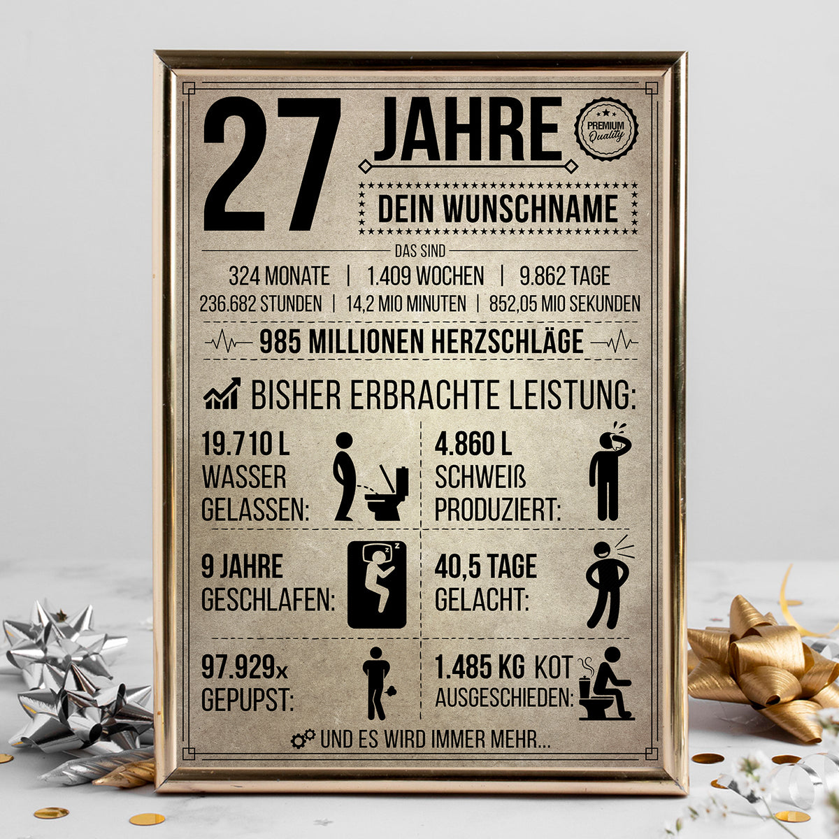 27 Jahre in Zahlen – lustiges Statistik Poster zum 27. Geburtstag, personalisiert mit Name