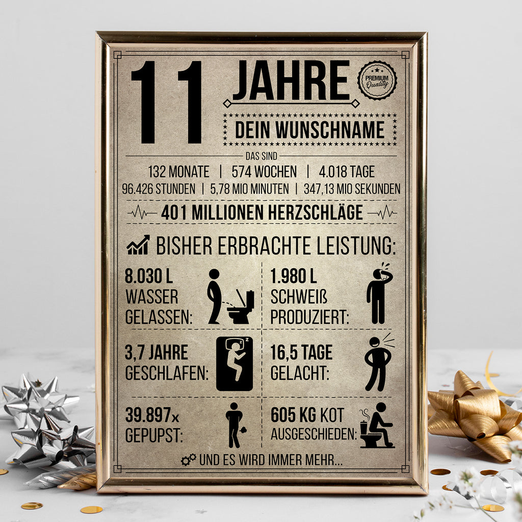 11 Jahre in Zahlen – lustiges Statistik Poster zum 11. Geburtstag, personalisiert mit Name