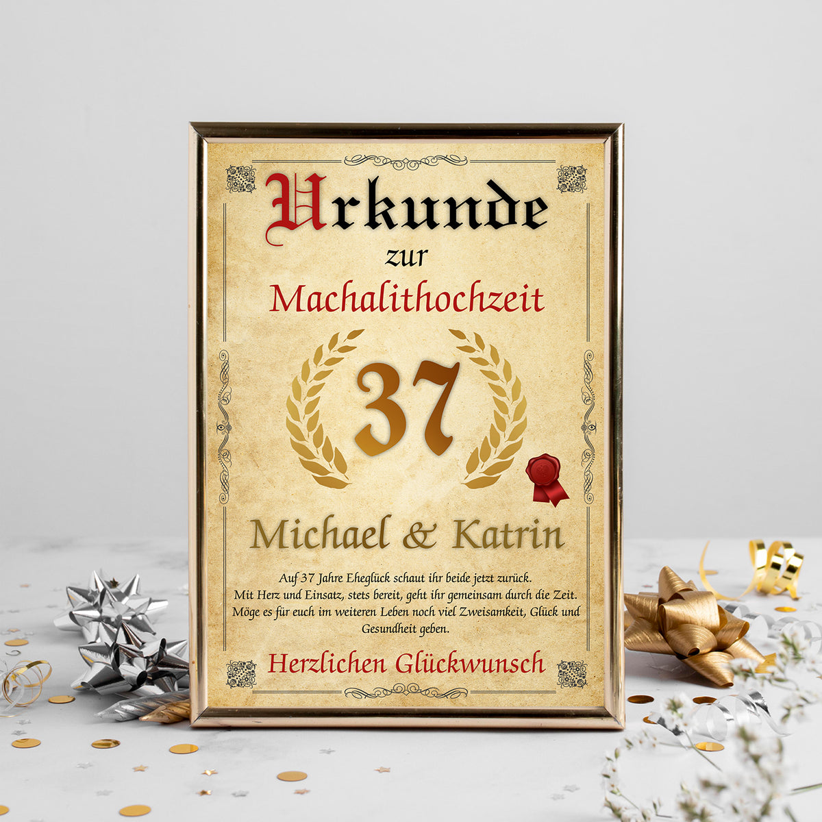 Urkunde zum 37. Hochzeitstag mit Namen – Malachithochzeit Geschenk, personalisiert