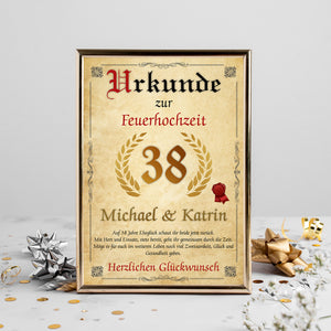 Personalisierte Urkunde zum 38. Hochzeitstag Geschenk Feuerhochzeit Karte 38. Jahrestag