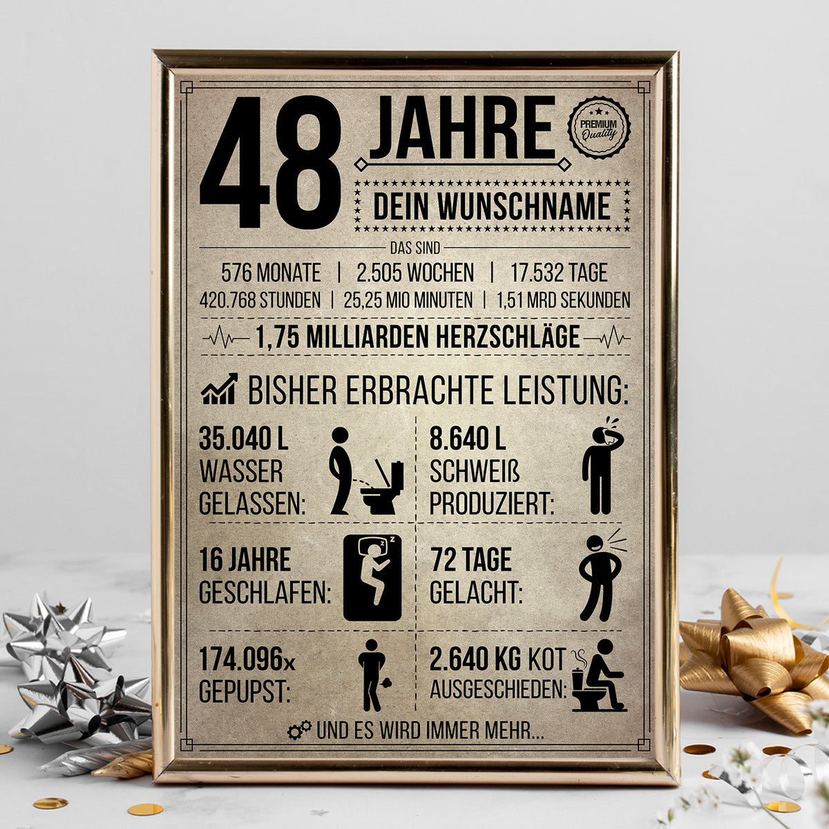 48 Jahre in Zahlen – lustiges Statistik Poster zum 48. Geburtstag, personalisiert mit Name