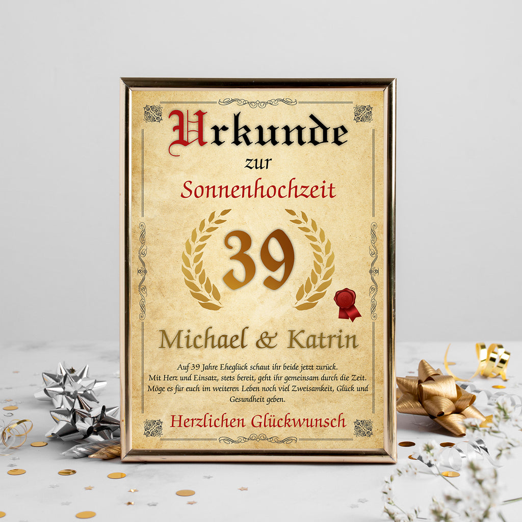 Urkunde zum 39. Hochzeitstag mit Namen – Sonnenhochzeit Geschenk, personalisiert