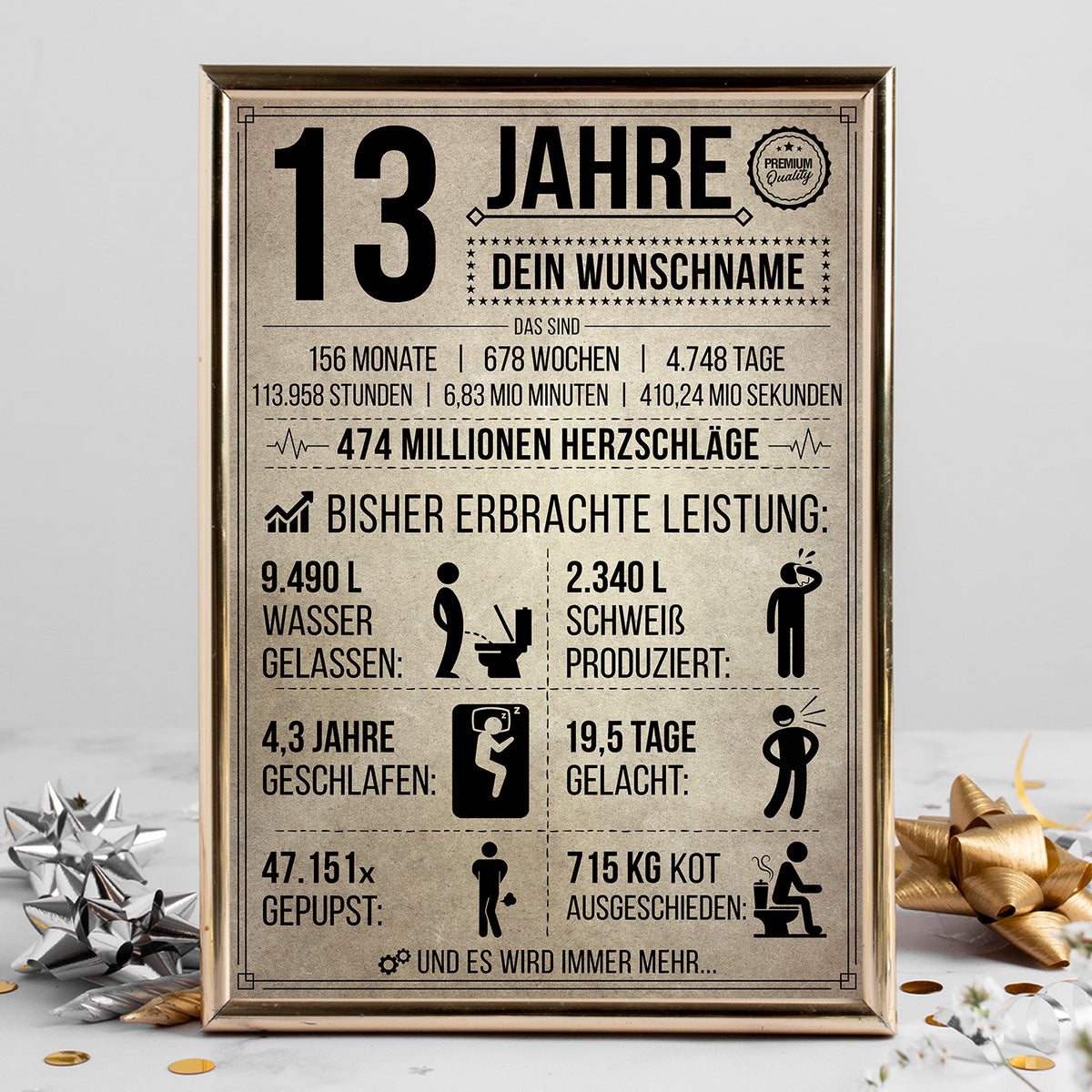 13 Jahre in Zahlen – lustiges Statistik Poster zum 13. Geburtstag, personalisiert mit Name