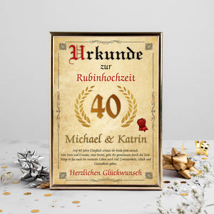 Personalisierte Urkunde zum 40. Hochzeitstag Geschenk Rubinhochzeit Karte 40. Jahrestag