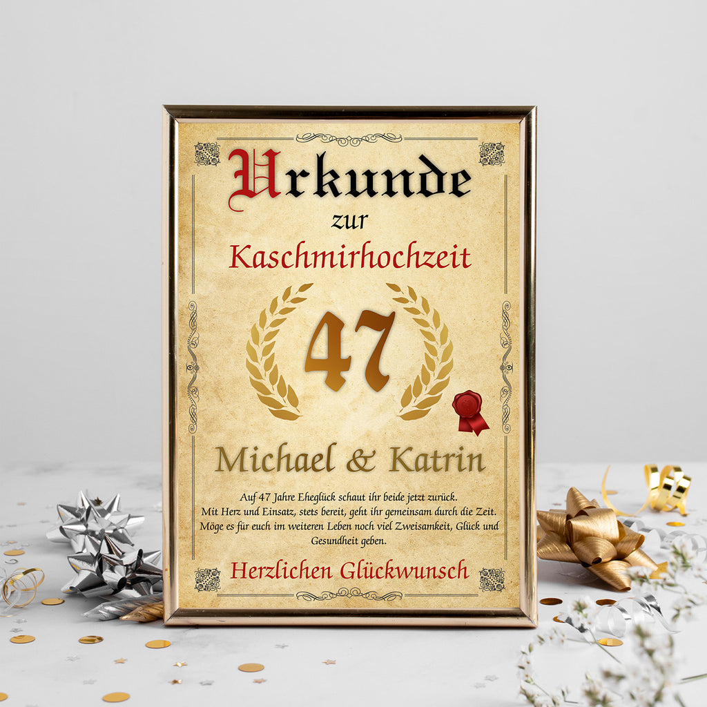 Urkunde zum 47. Hochzeitstag mit Namen – Kaschmirhochzeit Geschenk, personalisiert