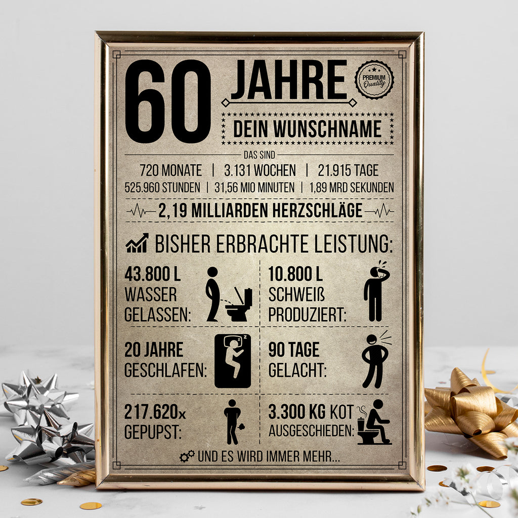 60 Jahre in Zahlen – lustiges Statistik Poster zum 60. Geburtstag, personalisiert mit Name