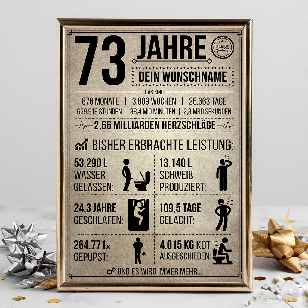 73 Jahre in Zahlen – lustiges Statistik Poster zum 73. Geburtstag, personalisiert mit Name