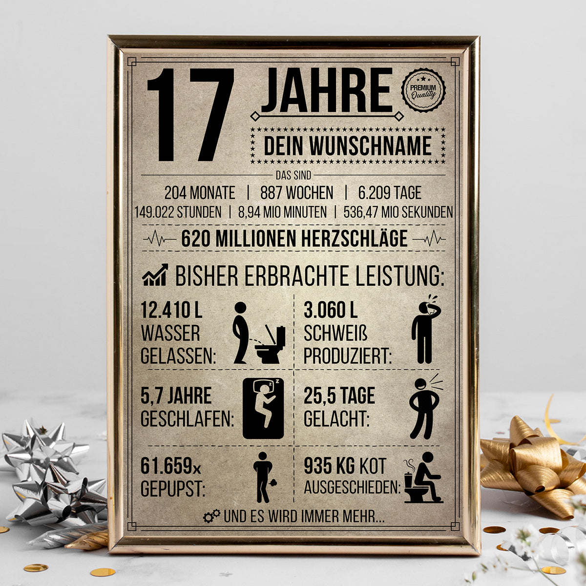 17 Jahre in Zahlen – lustiges Statistik Poster zum 17. Geburtstag, personalisiert mit Name