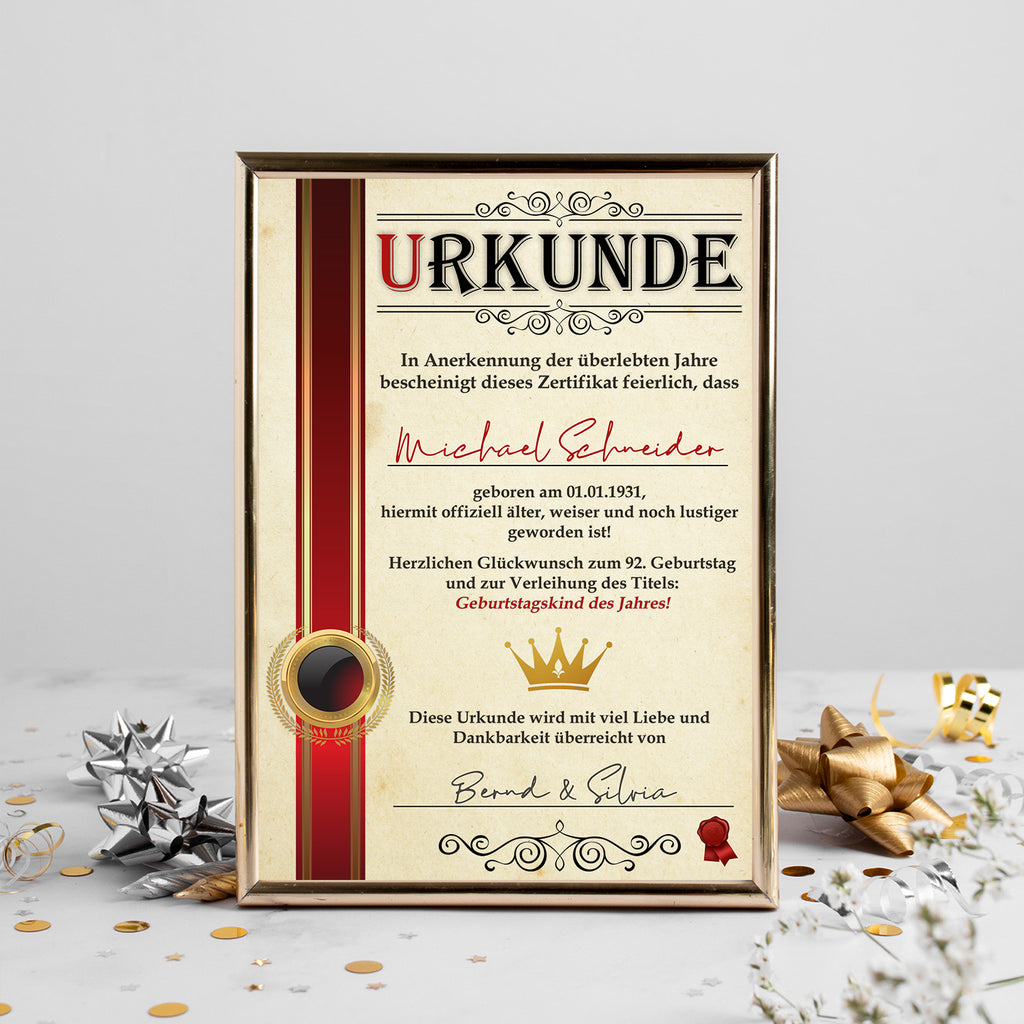 Geburtstagsurkunde zum 92. Geburtstag mit Name und Datum – Geburtstagskind des Jahres, Jahrgang 1934