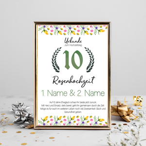 10. Hochzeitstag personalisiertes Geschenk Urkunde zur Rosenhochzeit Deko